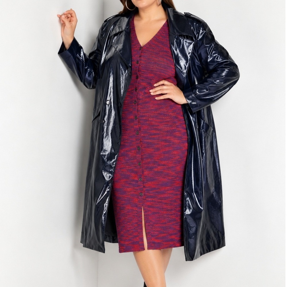 Eloquii Patent Faux Leather Coat Midnight Blue Double Breasted Side Slits 18/20